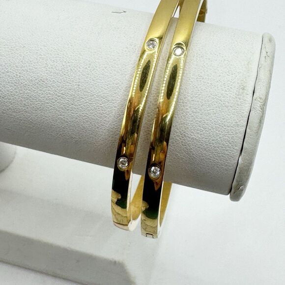 2 Gold Tone Bangle Bracelets With Rhinestone Details Stainless Steel Hinged - Picture 11 of 13
